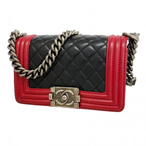 Chanel Boy Chain Shoulder Bag, Lambskin, Black/Red, Women's, P3138326